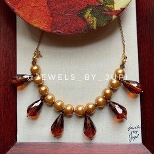Upcycled Handmade Glass Tear Drop Fringe Amber Beaded Pearl Necklace